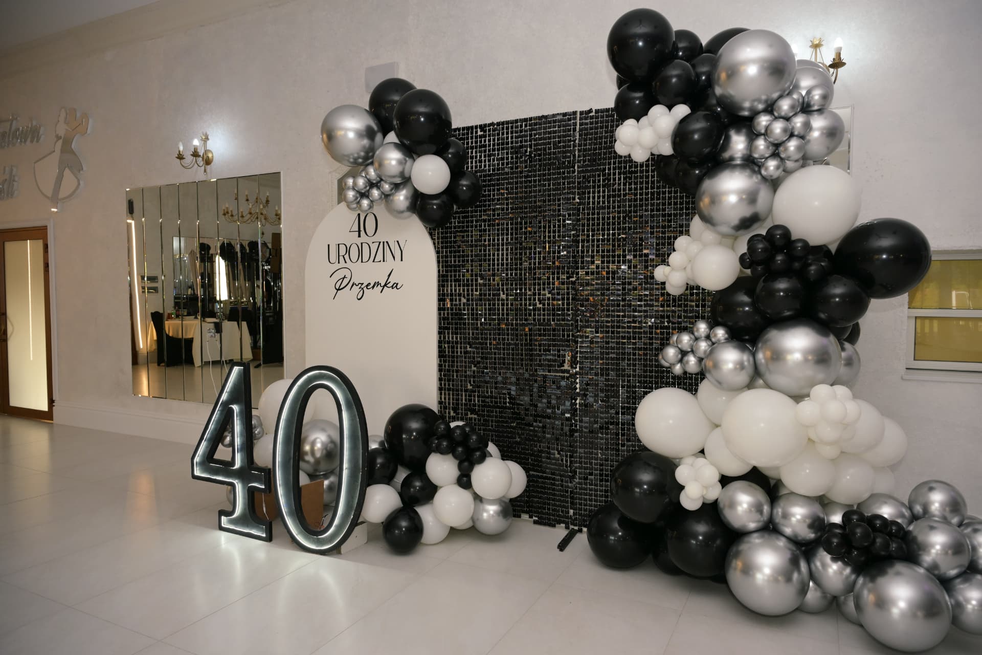 Sala w Turośli – dekoracja na czterdzieste urodziny z cekinową ścianką i balonami