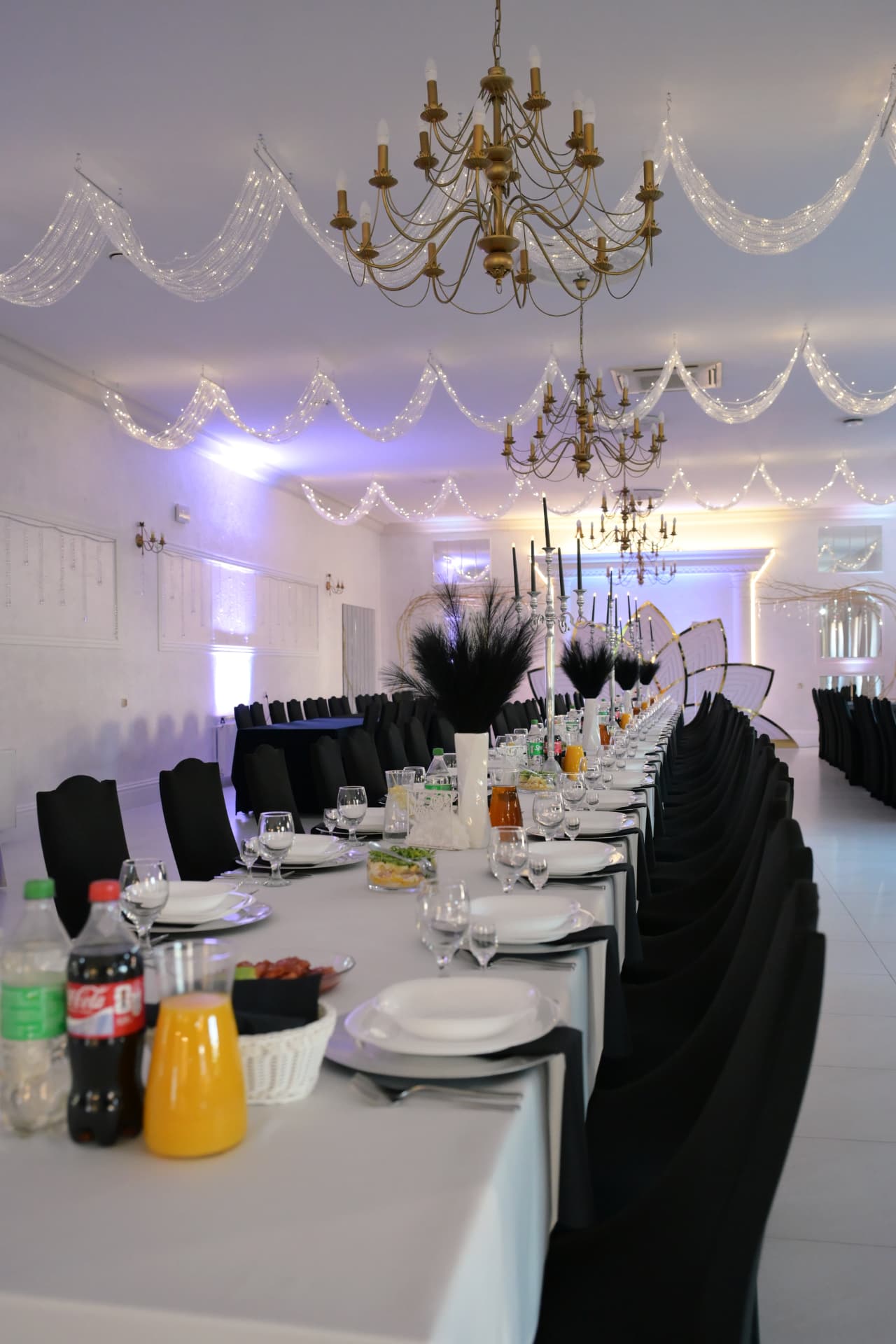 Sala w Turośli – biała sala ze świetlnymi girlandami i złotymi żyrandolami